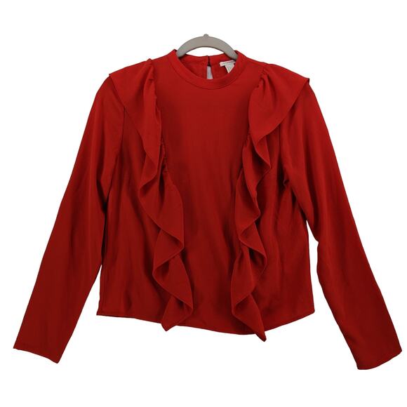 Forever 21 Ruffle Blouse Small Red Long Sleeve Button Back Keyhole Fancy Staple - Picture 9 of 9